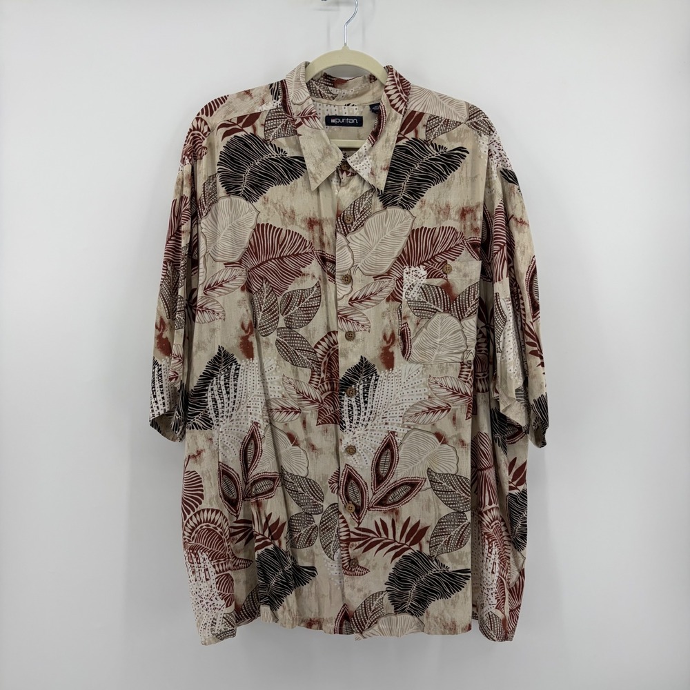 Puritan Mens 2XL Tan Tropical Leaf Viscose Rayon Button Down Hawaiian Camp Shirt